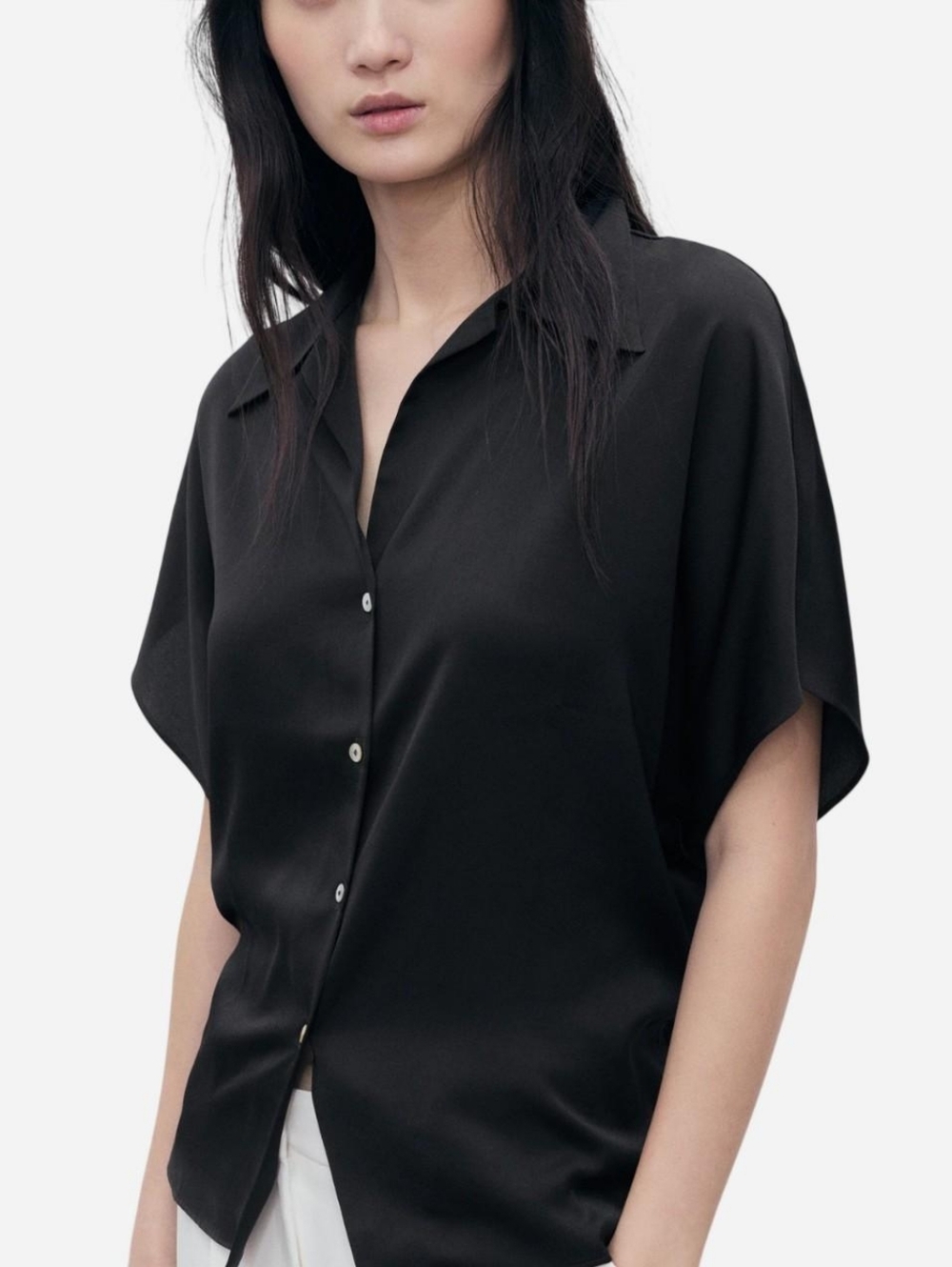 NWT Mango Womens Black Short-sleeved Satin Button Up Top